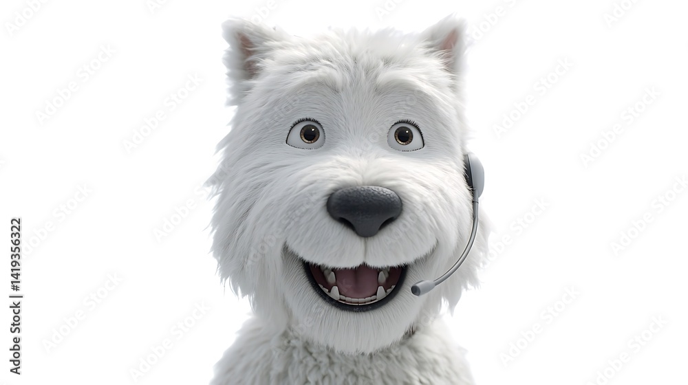 Cheerful White Dog Wearing Headset Close-Up Cheerful White Dog Wearing Headset Close-Up
