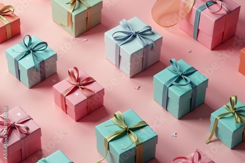 Subtle repeating pattern of tied gift boxes, simplified shapes , paper, pattern, craft