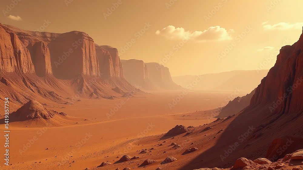 Naklejka premium martian landscape vast barren alien world towering mountains deep valleys stretching far