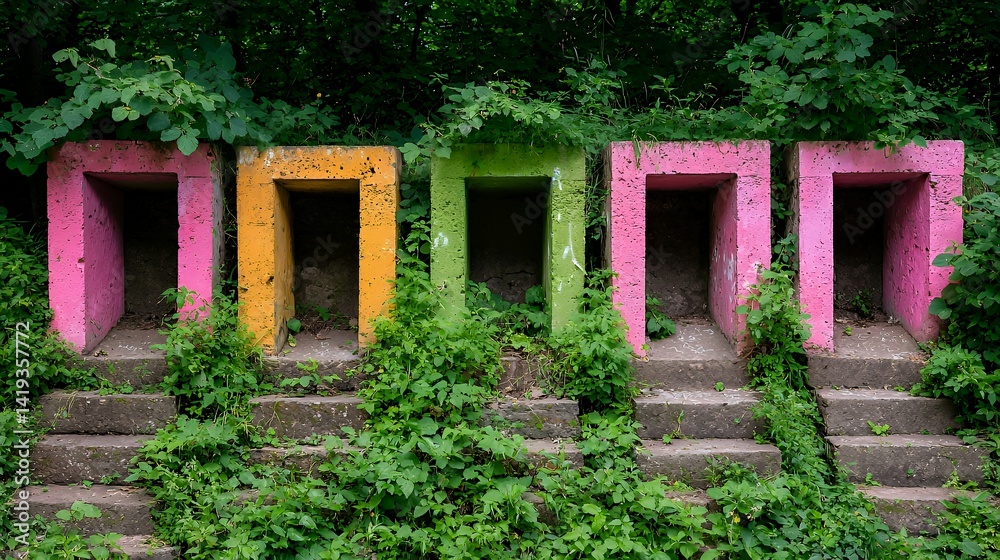 Colorful concrete cubicles nestled in overgrown park steps Colorful concrete cubicles nestled in overgrown park steps