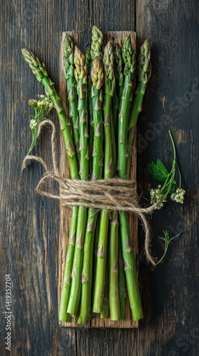 Bunch of Fresh Asparagus on a Wooden Board