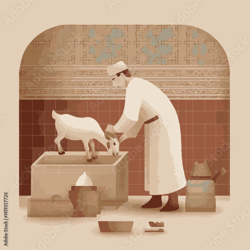 Illustration of Eid al-Adha. Muslims Prepare Sacrificial Animals. People Celebrate Eid al-Adha