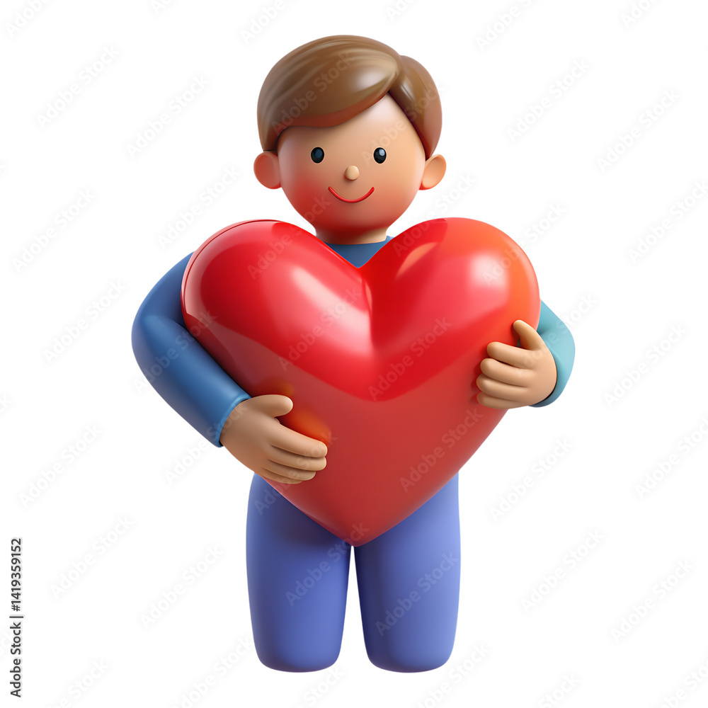 Cute cartoon boy holding a big red heart render on white background