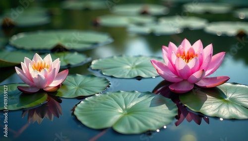 Water lilies and lotus flowers create a floral pattern across lake's still surface, lotus flower, wildlife