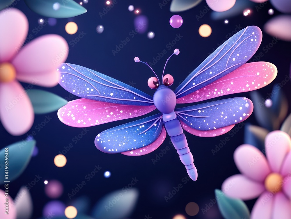 Fototapeta premium Delicate dragonfly, flowers, soft light