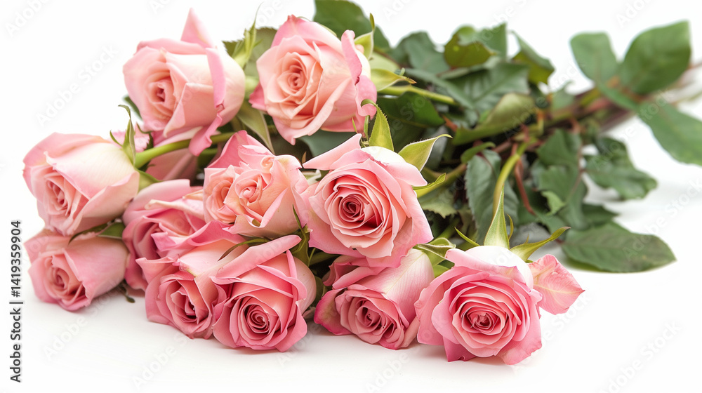 Obraz premium A beautiful bouquet of fresh pink roses with green stems and leaves, lying isolated on a clean white background