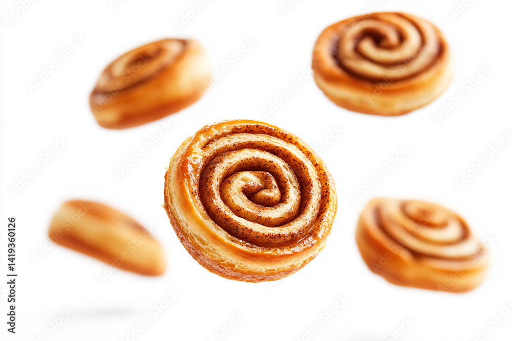 a group of cinnamon rolls flying through the air a group of cinnamon rolls flying through the air