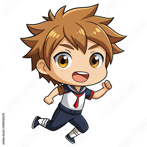Cute anime boy running in a school uniform