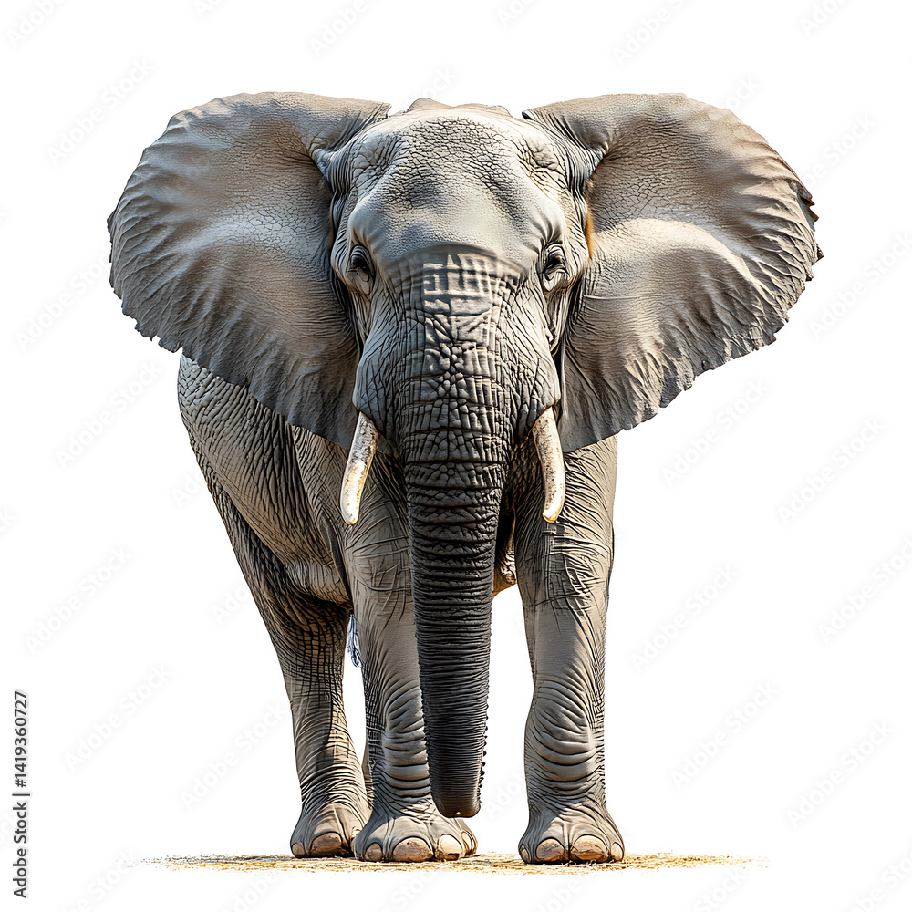 Fototapeta premium Majestic african elephant standing tall isolated on white background full body shot