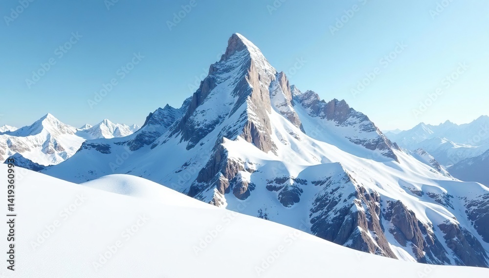 Obraz premium Snow-covered mountain peak, stark white landscape, panoramic, highland, mountain