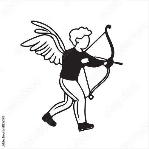 Cupid Angel with Bow and Arrow Silhouette – Black and White Vector Illustration for Love and Valentine