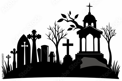 cemetery silhouette line art vector illustration