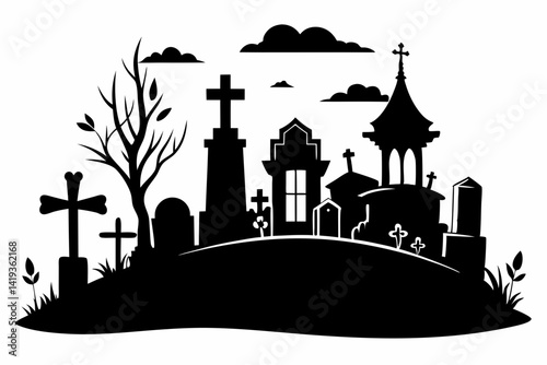 cemetery silhouette line art vector illustration
