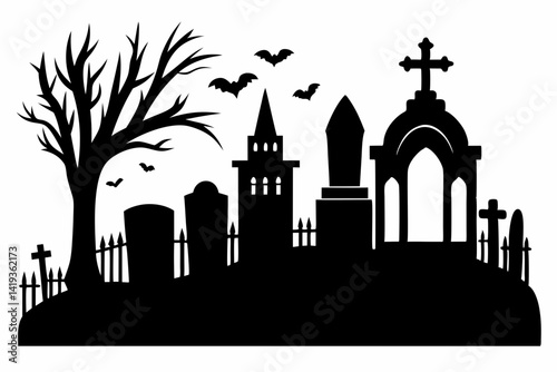 cemetery silhouette line art vector illustration