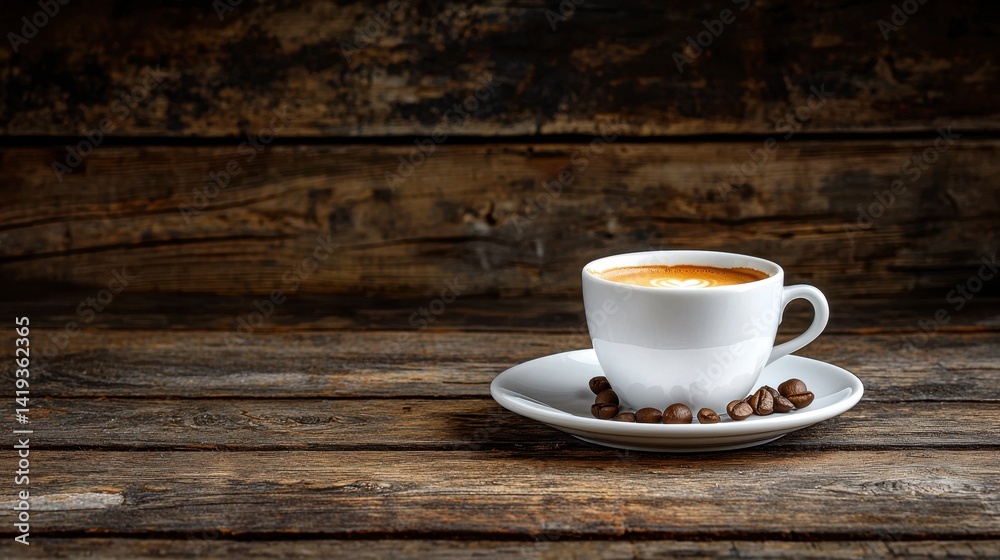 A rustic cup of coffee placed on a wooden table surrounded by scattered coffee beans in a cozy setting A rustic cup of coffee placed on a wooden table surrounded by scattered coffee beans in a cozy setting