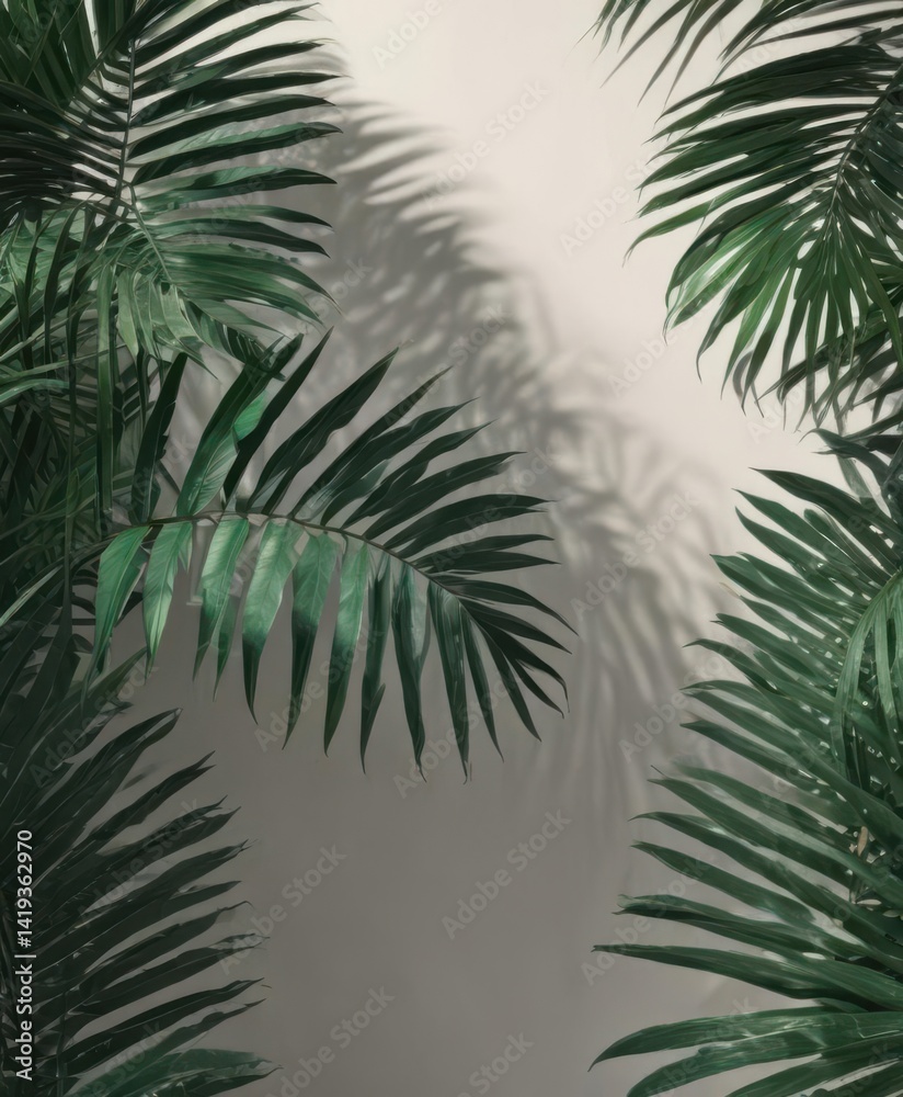 Obraz premium Deep emerald palm leaves, intricate veins, shadows play, tropical leaf, emerald, green