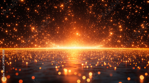 Golden glittering sparks swirl on black bokeh background. Gold abstract glitter blinking sparks.