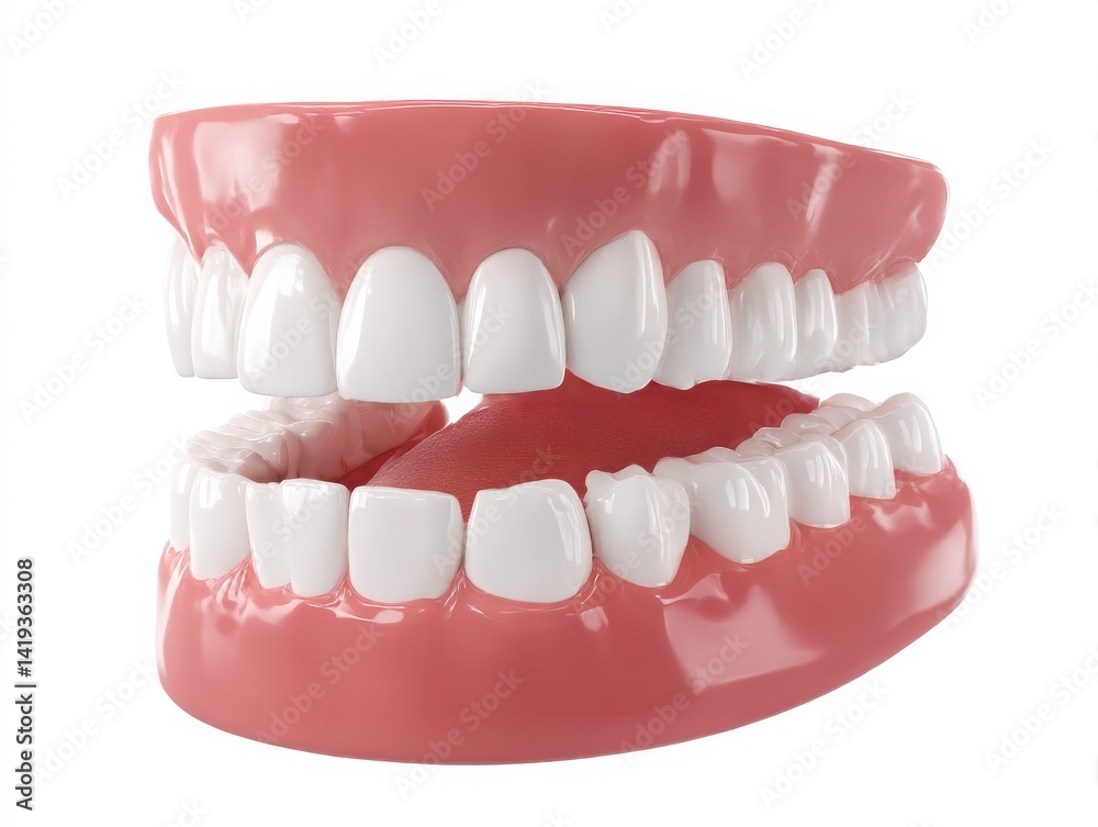 Obraz premium A dental model showing human teeth and gums, isolated on a white background.