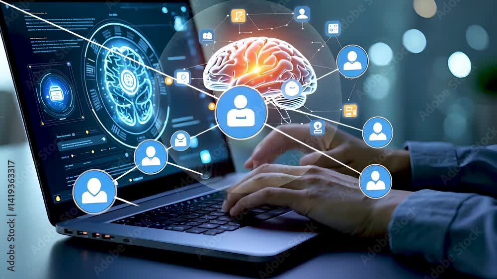 Hands typing on laptop with digital brain and network interface overlay