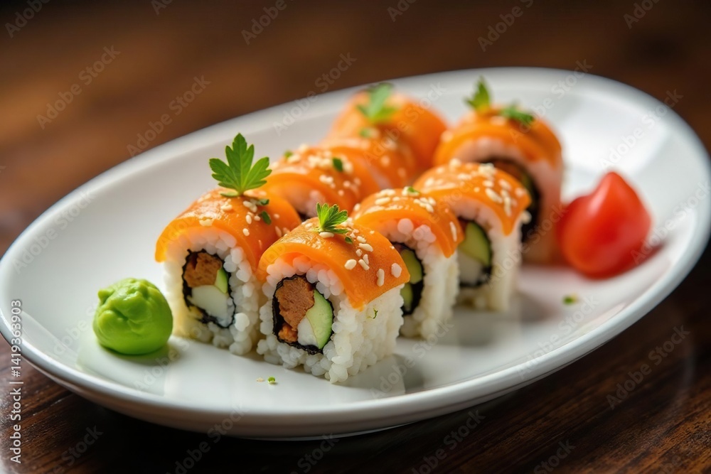 Various sushi rolls on a white plate, wasabi, ginger, fish, restaurant Various sushi rolls on a white plate, wasabi, ginger, fish, restaurant