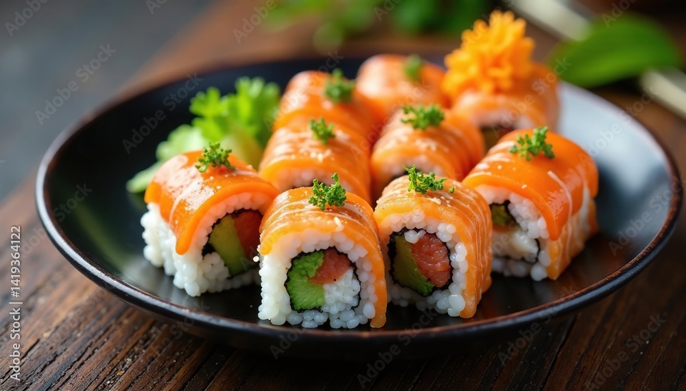 Variety of sushi rolls on a plate, wasabi, ginger, culinary, vibrant Variety of sushi rolls on a plate, wasabi, ginger, culinary, vibrant