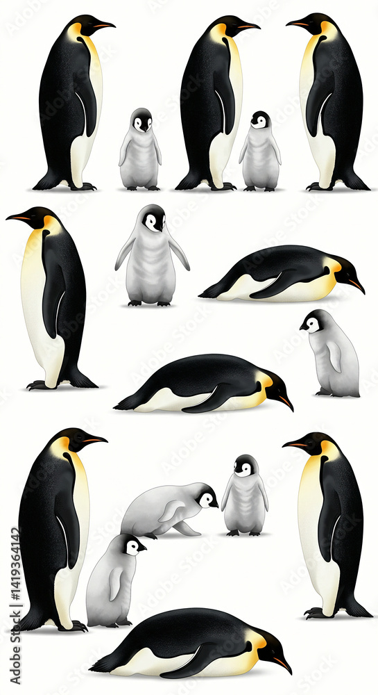 Obraz premium Penguin Family Set Isolated on White Background