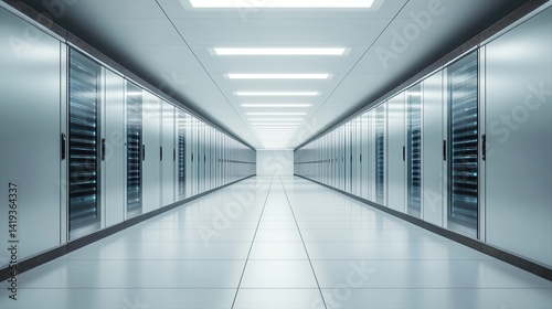 A long, brightly lit server room corridor is filled with multiple rows of server racks against the walls with tile floors to showcase digital infrastructure.