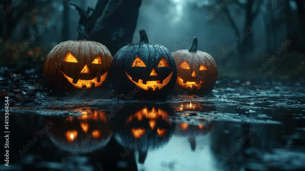 Three Jack-O-Lantern Pumpkins in Rain for Halloween Background Three Jack-O-Lantern Pumpkins in Rain for Halloween Background