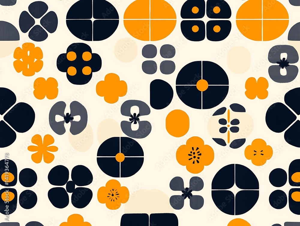 Fototapeta premium Retro floral pattern with geometric shapes in black, orange, and gray