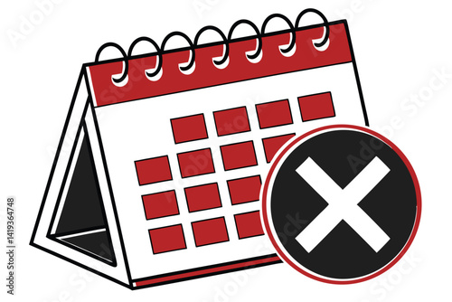 Calendar icon, red top, black grid, white background, deletion symbol, cancel mark, appointment cancellation, scheduling concept, flat design, vector graphic, simple illustration, minimalist icon