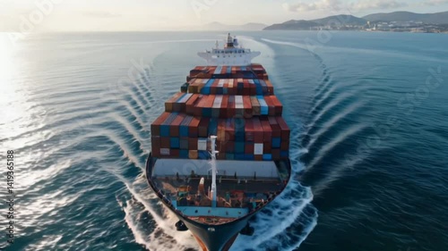 Locked camera capturing a wide view of a massive cargo ship gliding slowly across calm ocean waters