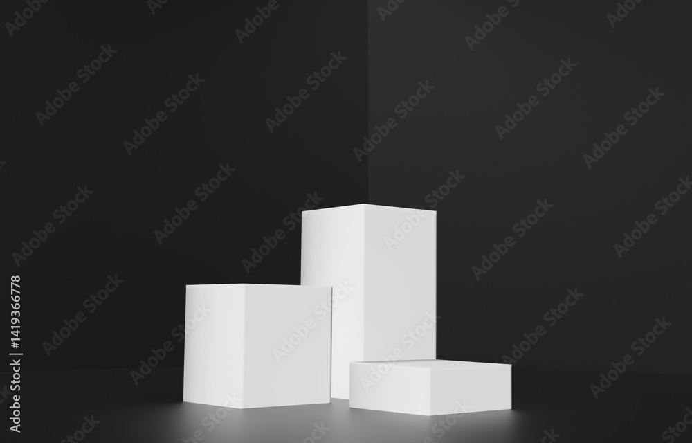 Empty podium cube white on black background for display product business.