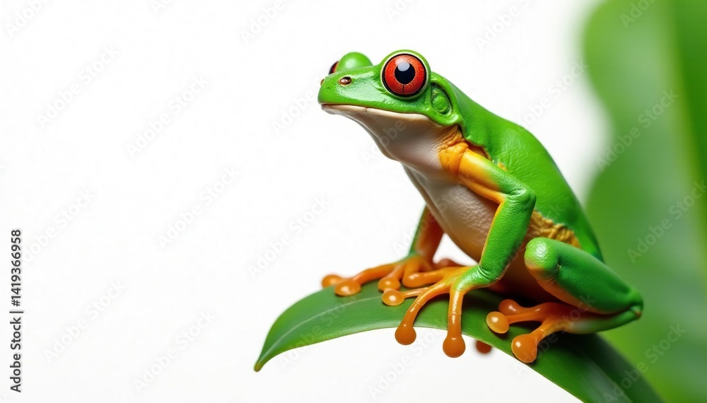 Fototapeta premium Green tree frog perched on white, vibrant color , isolated, studio shot