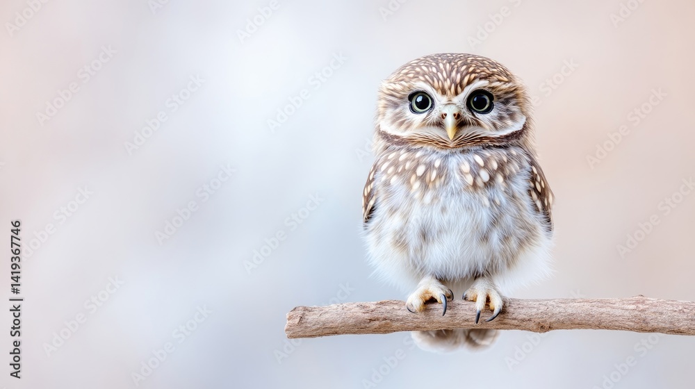Fototapeta premium A tiny owl perched on a branch, soft focus background with neutral tones, close-up view capturing intricate feather details, and serene and cute wildlife portrait.