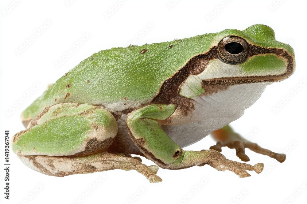 Obraz premium Green Tree Frog Close-Up Photo: Camouflaged Amphibian on White Background, Wildlife Photography, Spring Concept, Green and Brown Colors