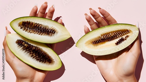 Elegant hands showcasing halved casaba melons, highlighting healthy eating and aesthetics