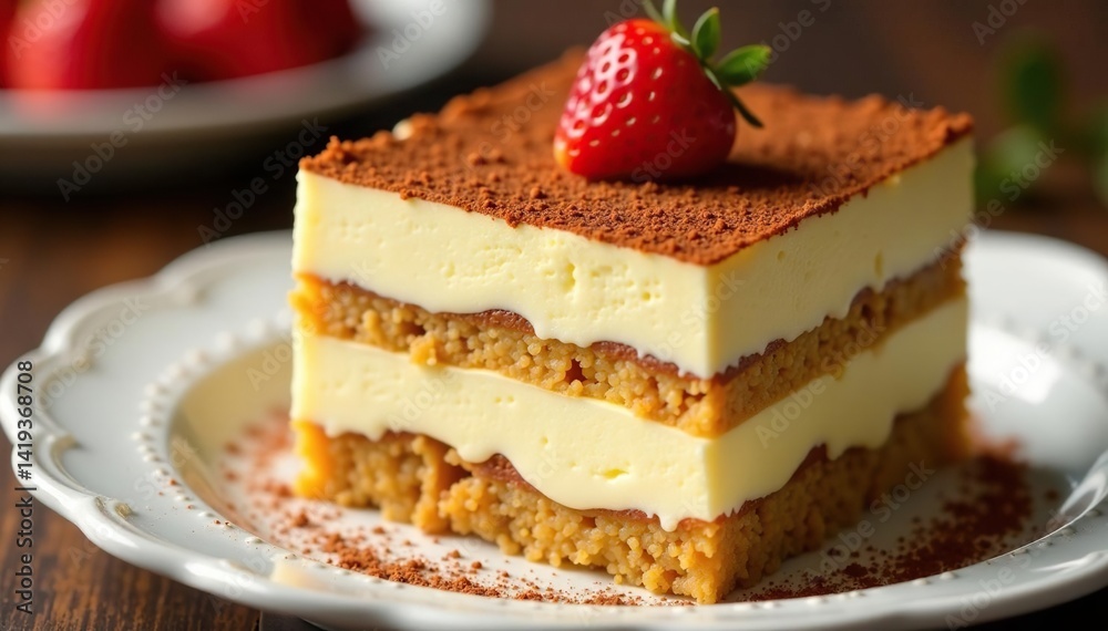Close-up view of a rich and creamy tiramisu, showing texture and detail , high-resolution, italian, photography Close-up view of a rich and creamy tiramisu, showing texture and detail , high-resolution, italian, photography
