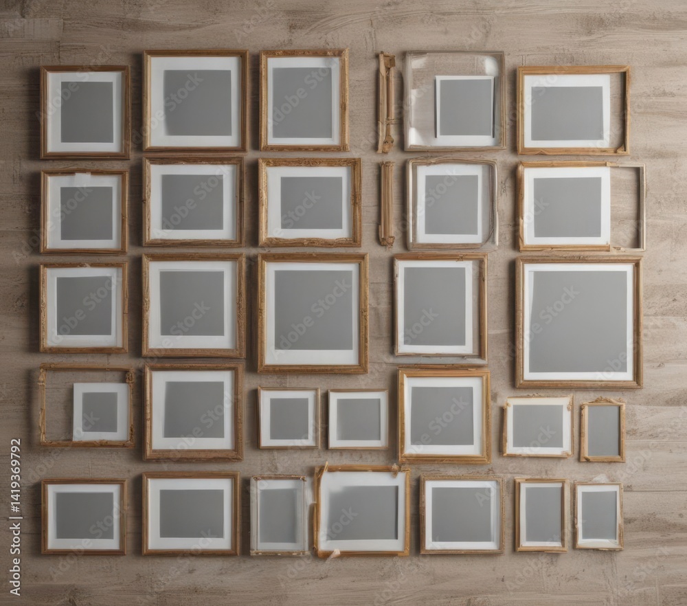 Fototapeta premium Multiple photo frame grid mockup; various frame styles and sizes, printable, style