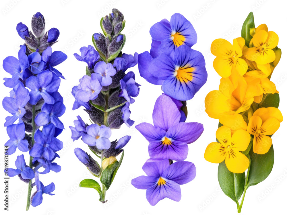 Vibrant Spring Blooms: A Close-Up of Delicate Purple and Yellow Flowers Vibrant Spring Blooms: A Close-Up of Delicate Purple and Yellow Flowers