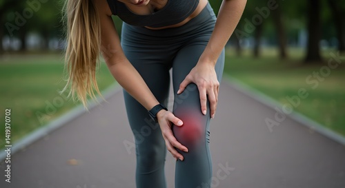 Woman holding her knee in pain on path with trees in background after exercise or running injury