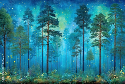 A mystical wood glade with forest trees is captured with bokeh, lens flares, and camera blur, set against a bright and sunny backdrop