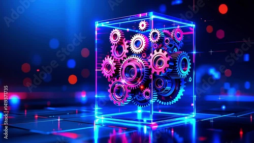 Colorful 3D gears within a transparent cube, illuminated by vibrant lights in a futuristic setting