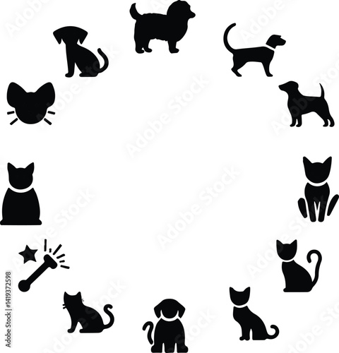 Circle of Pets: A charming pattern, a symphony of silhouettes, presenting a delightful array of pets in elegant monochromatic forms