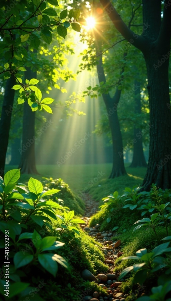 Obraz premium Dense foliage with sunbeam casting dappled shadows, cast, dense, shadows
