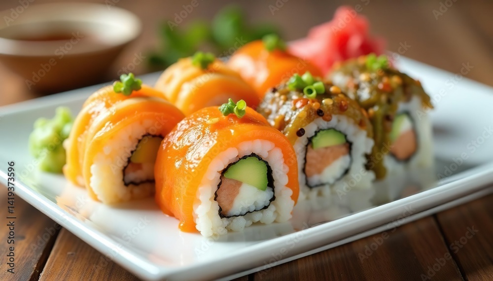 Colorful sushi rolls on a white plate, wasabi, ginger, white, sushi, vibrant Colorful sushi rolls on a white plate, wasabi, ginger, white, sushi, vibrant