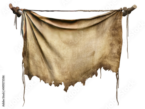 Ancient Worn Fabric Hanging Banner Medieval Relic, Textured Beige, Ragged Edges, 