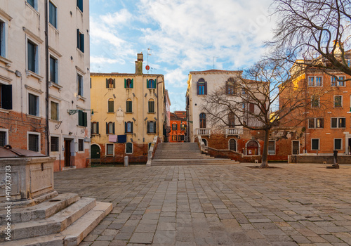 Venice residential square with steps and bare trees