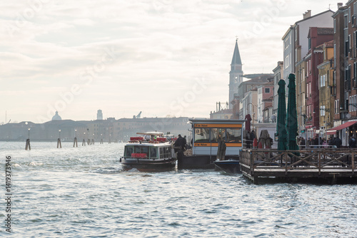 Vaporetto ferry docked at Fondamente Nove stop Venice