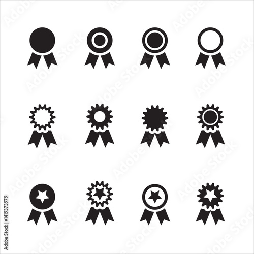 Award Icons - Smart Series This collection of black award ribbon icons represents various styles of achievement badges and certification symbols. Each icon displays a unique design, including simple 