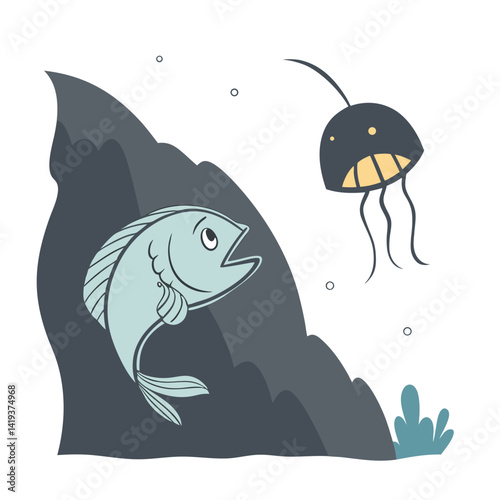 Cartoon fish showing fear towards jellyfish in underwater scene  